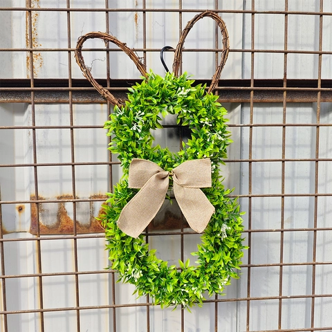 Easter Rabbit Wreath Artificial Green Leaves Rattan Ears Burlap Bow Door Wall Hanging Decor Spring Holiday Ornament