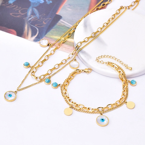 Collar Y Pulsera De Capas Ojo Turco Acero Inoxidable Chapado En Oro Concha Cuenta Turquesa Joyería Para Mujer