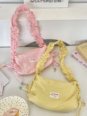 Trendy Pleated Crossbody Bag Polyester Ruched Ruffled Strap Drawstring Fresh Macaron Color Shoulder Bag For Women