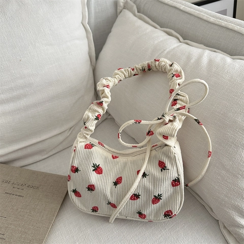 Borsa Sottobraccio In Velluto A Coste Con Stampa Fragola Per Donna Borsa A Tracolla Baguette Carina Piccola Borsa Quadrata Con Tracolla Arricciata