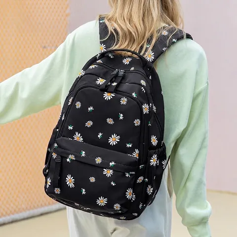 Large Capacity Backpack Girls Aesthetic Daisy Floral Pattern Cute Puppy Polyester Water Resistant Schoolbag For Teens