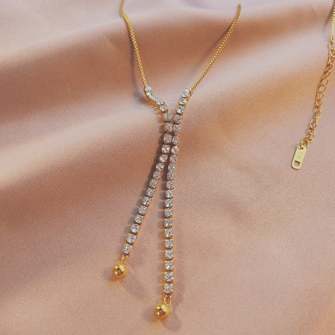 Collana Con Nappine A Forma Di Y In Acciaio Al Titanio Pieno Strass Doppia Sfera Gioielli Eleganti Da Donna