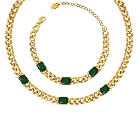 Collana E Bracciale A Maglia Cubana Acciaio Al Titanio Placcato Oro 18K Pietra Di Vetro Verde Rettangolare Gioielli Vintage Hip Hop Per Donna