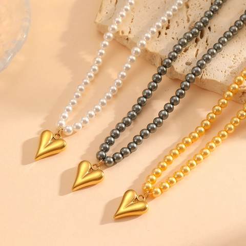 Collar Con Colgante De Corazón De Acero Inoxidable Cadena De Perlas Artificiales Concha Elegante Joyería De Moda Para Mujer