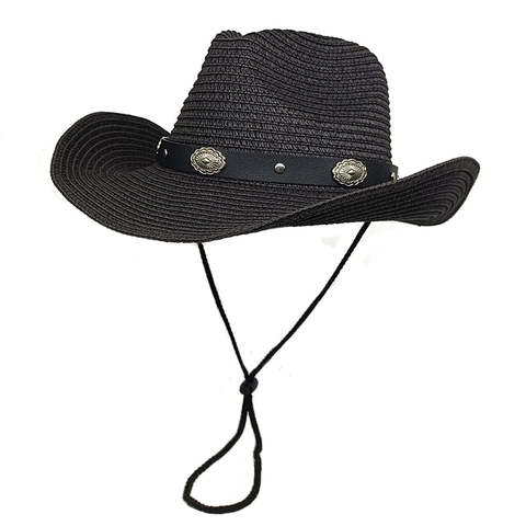 Western Cowboy Straw Hat Woven Wide Brim Sun Protection Outdoor Beach Vintage With Adjustable Chin Strap Men Women