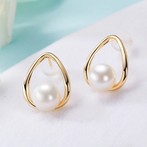 Elegant Freshwater Pearl Stud Earrings With 925 Sterling Silver Earring Post Geometric Tear Drop Gold Plated Jewelry For Women