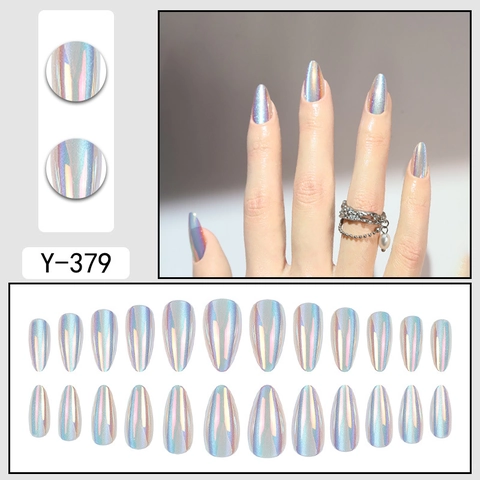 Kunstnagels Aurora Holografisch Kattenoog Lange Amandelvorm Valse Nagels Luxe Elegant Glanzend Manicure Voor Vrouwen