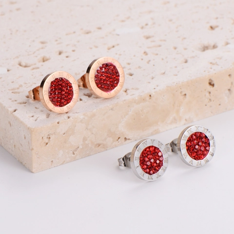 Pendientes De Botón Redondos De Acero Inoxidable Cristal Rojo Pavé Números Romanos Estilo Retro