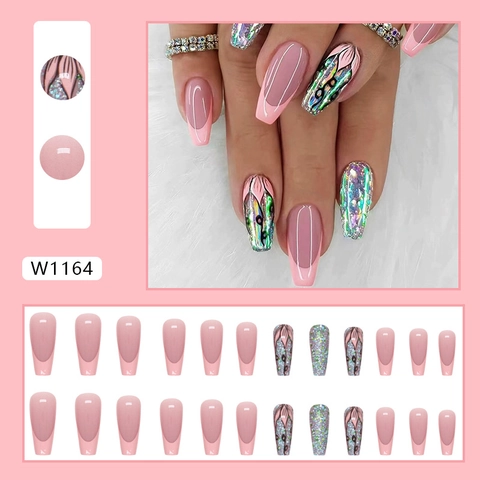 French Tip Press On Nägel Lange Sargform Rosa Lotusblume Glitzer Maniküre Künstliche Falsche Fingernägel Für Frauen