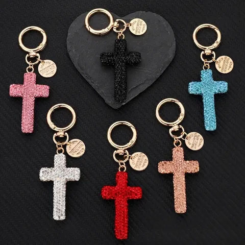 Full Rhinestone Cross Keychain Alloy Gold Plated Religious Key Ring Bag Charm Car Accessory For Women Men Sparkling Gift