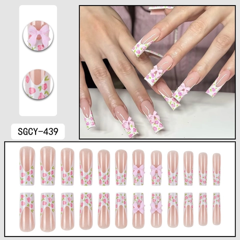 Uñas Postizas Largas Ataúd Rosa Francés Floral Rosa 3D Lazo Puntas De Uñas Artificiales Estilo Dulce