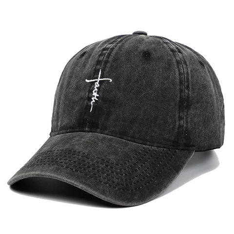 Faith Cross Embroidery Washed Cotton Baseball Cap Vintage Distressed Adjustable Sun Hat Men Women