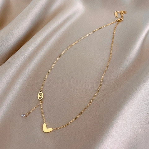 Minimalist Titanium Steel Heart Pendant Necklace For Women Elegant Rhinestone Interlocking Rings Clavicle Chain Fashion Jewelry