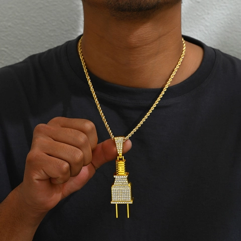 Power Plug Pendant Necklace Zinc Alloy Rhinestone Iced Out Hip Hop Style Twist Chain Jewelry For Men Women