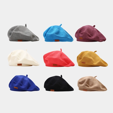 Women Knitted Cotton Beret Hat Breathable Thin Painter Cap With Leather Label Vintage Solid Color Fashion Accessory