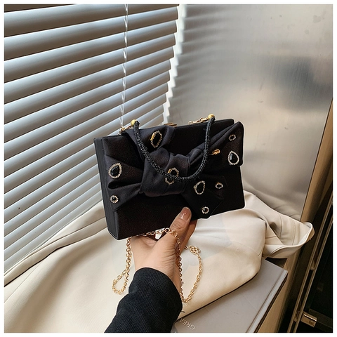 Strass Satin Abendtasche Große Schleife Elegante Clutch Handtasche Mit Künstliche Perlenperlengriff Und Abnehmbarem Kettenriemen Damen