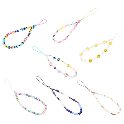 Niche Ontwerp Kleurrijke Polymeerklei Kralen Telefoonketting Met Kunstparel Boze Oog Lachgezicht Hart Letter Mobiele Strap Voor Vrouwen