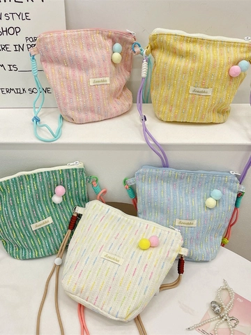 Crossbody Telefoontas Gebreid Tweed Polyester Draagbaar Casual Zoet Schattig Vrouwen Meisjes Pompons Verstelbare Riem