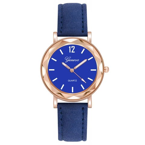 Women Quartz Watch Rose Gold Case Faceted Diamond Cut Glass Matte Leather Strap Elegant Ladies Casual Fashion Wristwatch