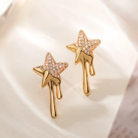 Pendientes De Botón De Estrella Y Luna Fundida Cobre Chapado En Oro Real Circón Joyería Minimalista Para Mujeres