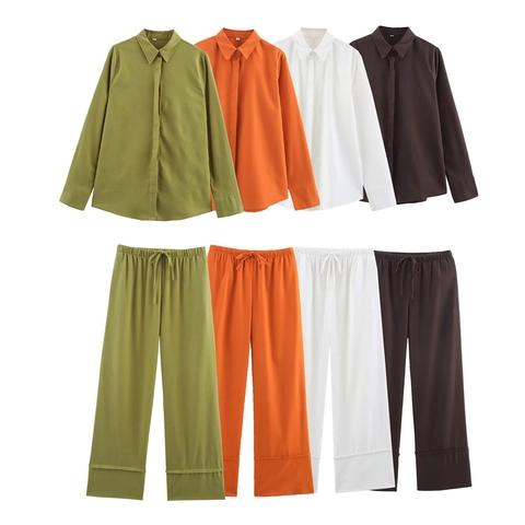 Women Long Sleeve Button Down Shirt And Wide Leg Drawstring Pants Casual Solid Color Linen Look Streetwear Breathable
