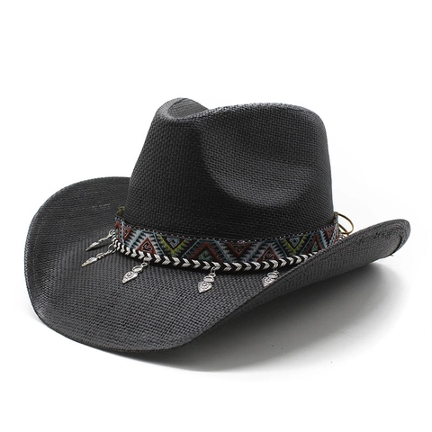 Western Cowboy Straw Hat Hand Woven Wide Brim Sun Protection Bohemian Ethnic Band Metal Charms Vintage Paper Jazz Hat