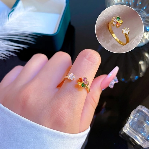 Colorful Cubic Zirconia Flower Star Adjustable Open Ring Alloy Gold Plated Elegant Niche Jewelry For Women
