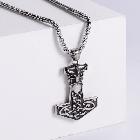 Norse Viking Thor Hammer Mjolnir Pendant Necklace 304 Stainless Steel Retro Celtic Knot Jewelry For Men