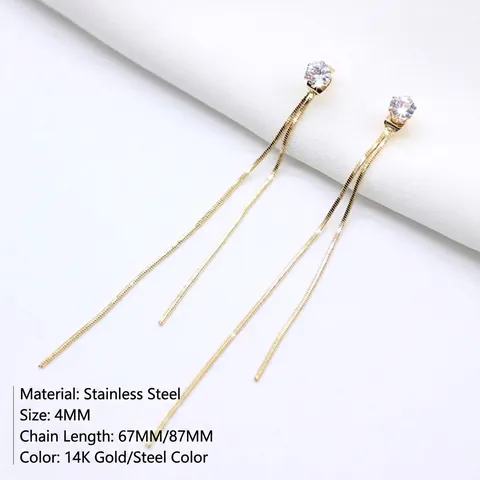 Minimalist Stainless Steel Tassel Drop Earrings For Women Long Chain Rhinestone Inlaid Stud Earrings Gold Steel Fashion Jewelry