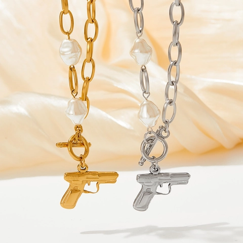 Stainless Steel Necklace With Artificial Baroque Pearl And Pistol Pendant Hip Hop Streetwear OT Buckle Chunky Link Chain