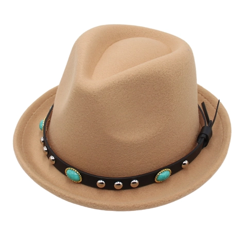 Cappello Fedora Vintage Feltro Di Lana Sintetica Western Turchese Cintura In Pelle Borchie Boemo Jazz Retro