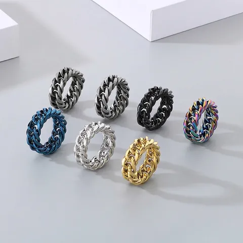Anillo De Cadena Cubana De Titanio Y Acero Inoxidable Bañado En Oro De 18K Banda De Tejido Doble Estilo Punk Hip Hop