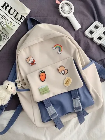 Koreaanse Stijl Color Block Rugzak Waterdicht Oxford Stof Schooltas Voor Meisjes Met Badges En Beer Hanger