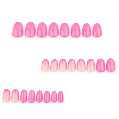 Unghie Finte Francesi Rosa Fuchsia Unghie Rotonde Corte Con Glitter Dorati Semplici Lucide Indossabili Per Donne