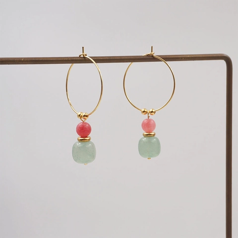 Orecchini a Pendolo in Giada Vintage in Nuovo Stile Cinese Donna Cerchio in Rame Fatto a Mano Perline in Pietra Rosa Verde Gioielli