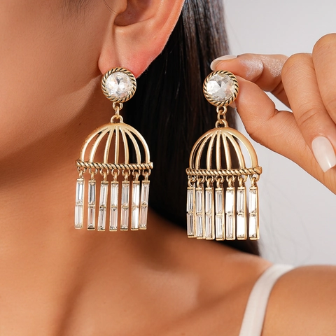 Vintage Hollow Tassel Drop Earrings With Silver Earring Post Gold Alloy Round Zircon Rhinestone Luxury Style For Women