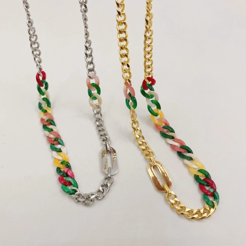 Collier à Maillons en Acier Inoxydable Hip Hop pour Hommes Femmes Boucle Géométrique en Acrylique Coloré Collier Chaîne Dépareillé Bijoux Streetwear