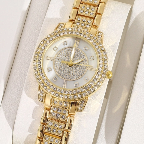 Luxury Rhinestone Women Watch Alloy Bracelet Necklace Earrings Ring Shiny Quartz Roman Numerals Fashion Elegant