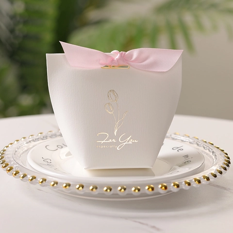Contenedor De Regalo Para Bodas De Cartón Porta Dulces Con Cintas Para Fiesta Diseño De Tulipanes Con Pan De Oro Elegante