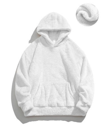 Women Oversized Sherpa Fleece Hoodie Solid Color Loose Drop Shoulder Hooded Sweatshirt With Kangaroo Pocket