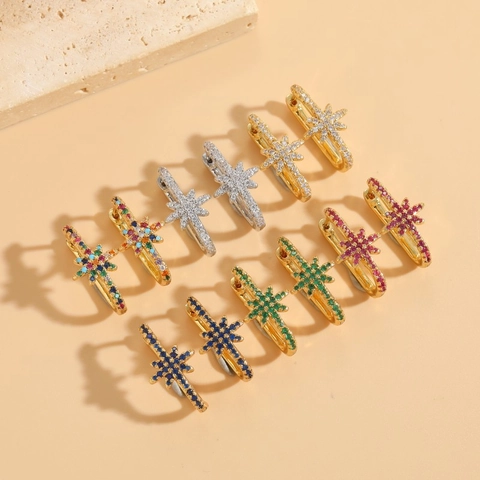 Copper Zirconia Snowflake Star Stud Earrings Gold Silver Plated Geometric Loop Elegant Trendy Jewelry For Women Daily Party