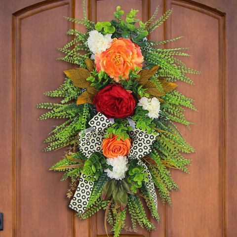 Artificial Autumn Teardrop Swag Wreath Front Door Harvest Decoration Leopard Print Bow Peony Rose Greenery Wall Hanging