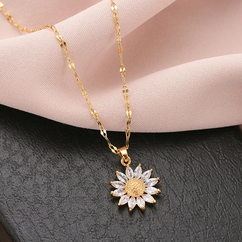 Collana Con Pendente A Girasole Vintage Da Donna Elegante Acciaio Inossidabile Dorato Zircone Bianco Gioiello Floreale
