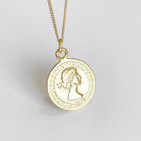 Vintage Britische Münze Anhänger Halskette Vergoldet 925 Sterling Silber Königin Elizabeth Porträt Retro Schmuck Für Damen