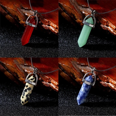 Natural Gemstone Crystal Hexagonal Column Pendant Necklace Bullet Shape Pointed Prism Alloy Cap Fashion Jewelry Women Men