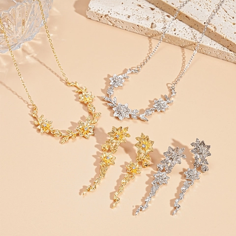 Elegante Bloemen Blad Ketting En Oorbellen Legering Rijststeen Met Zilveren Oorsteker Vintage Sieraden Voor Dames
