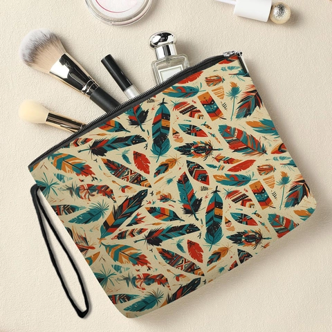 Bolsa Maquillaje Estampado Plumas Bohemio Imitación Lino Cremallera Correa Muñeca Organizador Tocador Mujeres Vintage Viaje