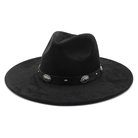 Breedgerande Fedora Hoed Vilt Polyester Vintage Western Cowboy Stijl Leren Band Metalen Concho's Heren Dames Retro Mode