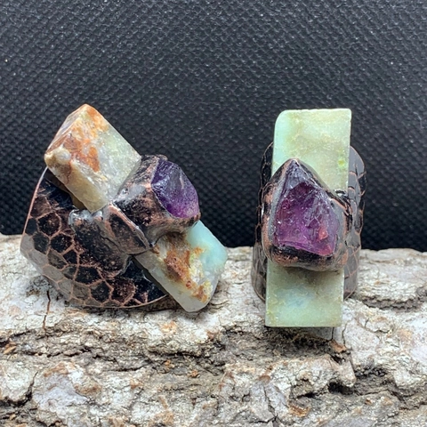 Adjustable Open Ring Vintage Copper Natural Amethyst Raw Stone Australian Jade Hammered Texture Boho Ethnic Jewelry Women
