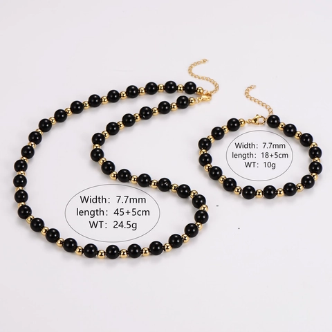 Collana E Bracciale In Perle Di Ossidiana In Acciaio Inossidabile Per Uomo Placcato Oro 18K Accessorio Minimalista